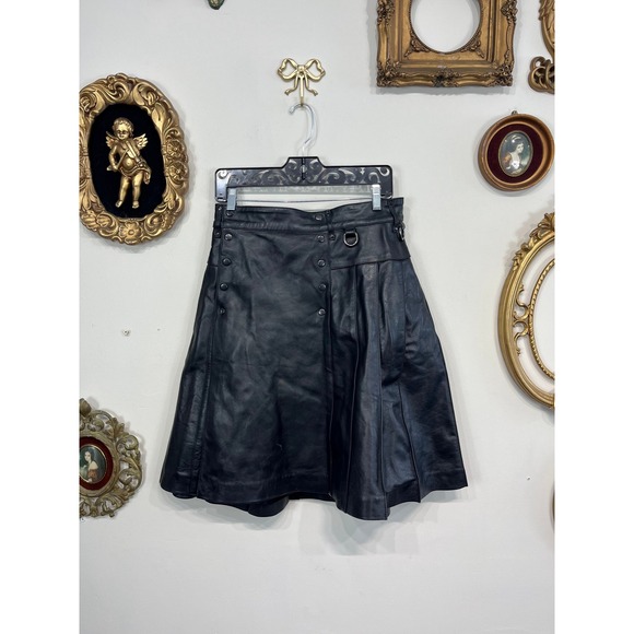 Vintage LEXTHER Men's Genuine Black Leather Kilt Goth Punk Y2K Pleated Skirt 101